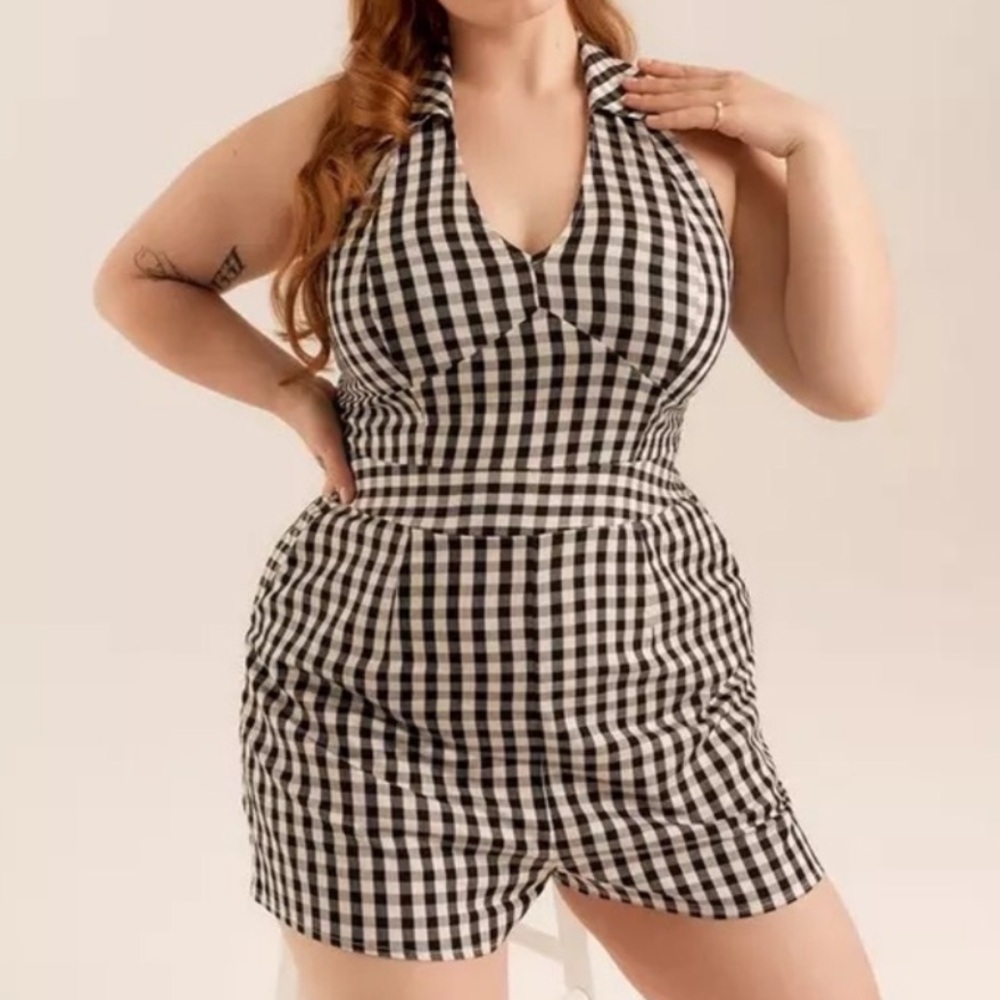 Torrid Retro Chic Black and White Gingham Checked Halter Romper Pinup Playsuit
